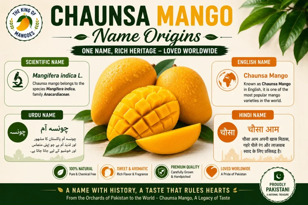 Chaunsa mango carries no direct English translation and is internationally recognised simply as "Chaunsa" or "Chausa" in English-speaking markets across UAE, UK, Canada, and Europe — a name proudly rooted in South Asian Mughal imperial history rather than any English botanical terminology. In international trade documents, export certificates, and global fruit markets, Chaunsa is officially listed under its original Urdu name, making it one of the very few Pakistani agricultural products globally recognised and traded exclusively under its native regional name. 