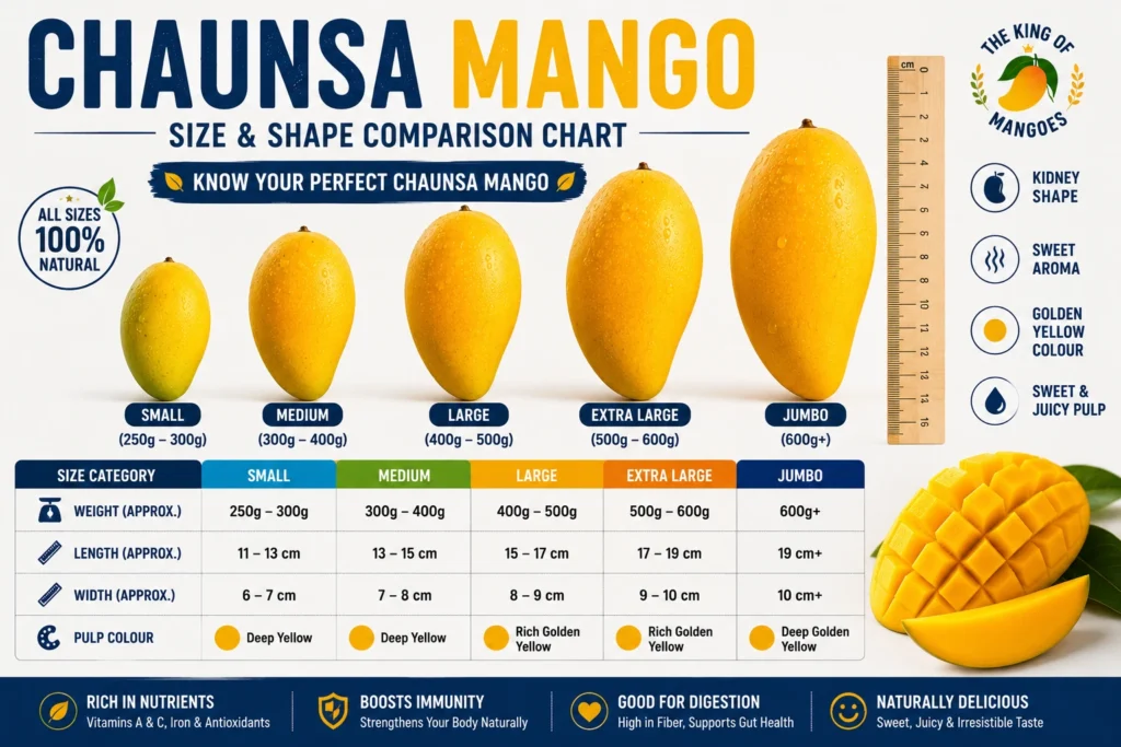 Chaunsa Mango Facts – Complete Identification, Size, Shape & Colour Guide for Pakistan's Finest Mango 3
chaunsa mango size grade.