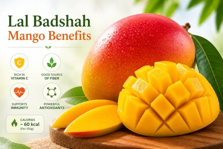 Lal Badshah Mango Benefits: Nutrition Facts, Calories & Complete Health Guide 4 Fresh Lal Badshah mango with nutrition and health benefit icons showing calories vitamins and fiber