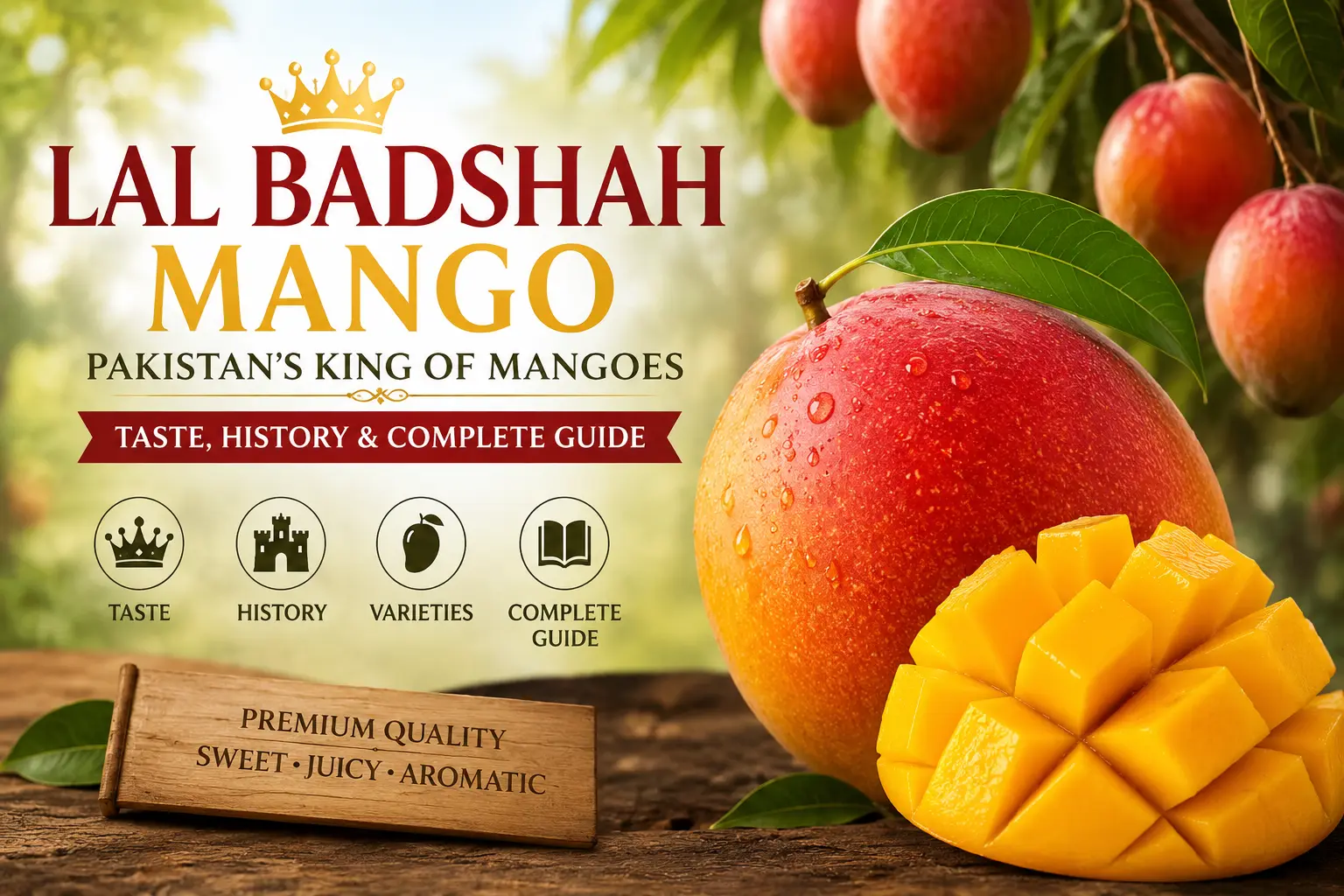 Lal Badshah Mango: Pakistan's King of Mangoes — Taste, History & Complete Guide 1 Lal Badshah Mango Pakistan's King of Mangoes with fresh ripe fruit and sliced pulp in mango orchard